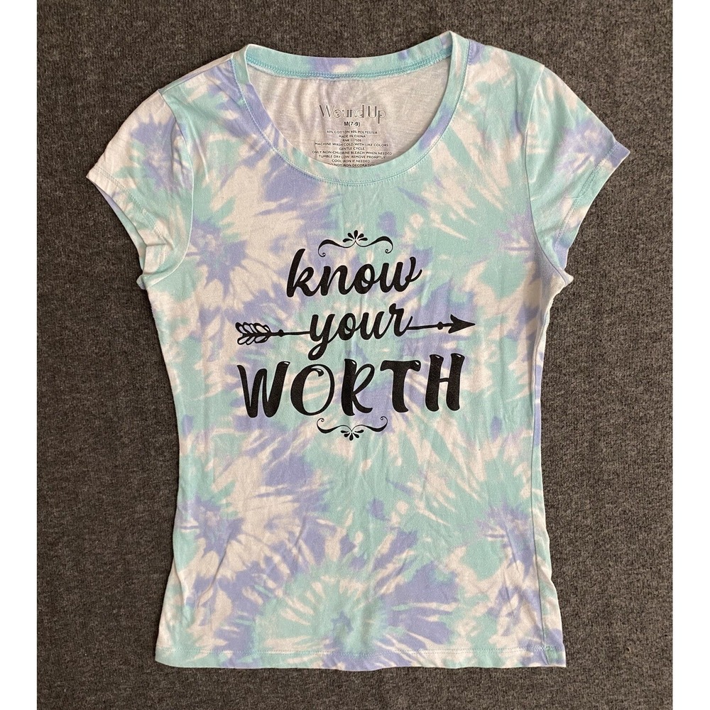 Wound Up Tshirt Womens Junior M Blue Tie Dye Know Your Worth Graphic Top